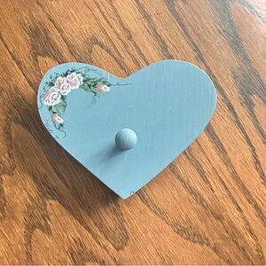 HandpaintedBlue Heart Wall Hook with Floral Design